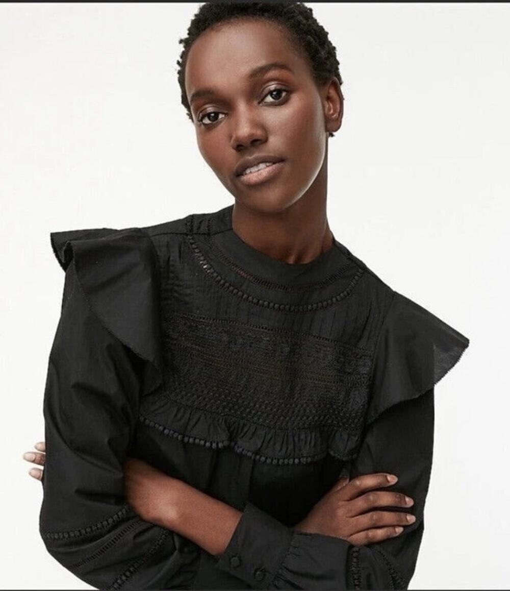 J. Crew Crocheted lace ruffle top Black Size M